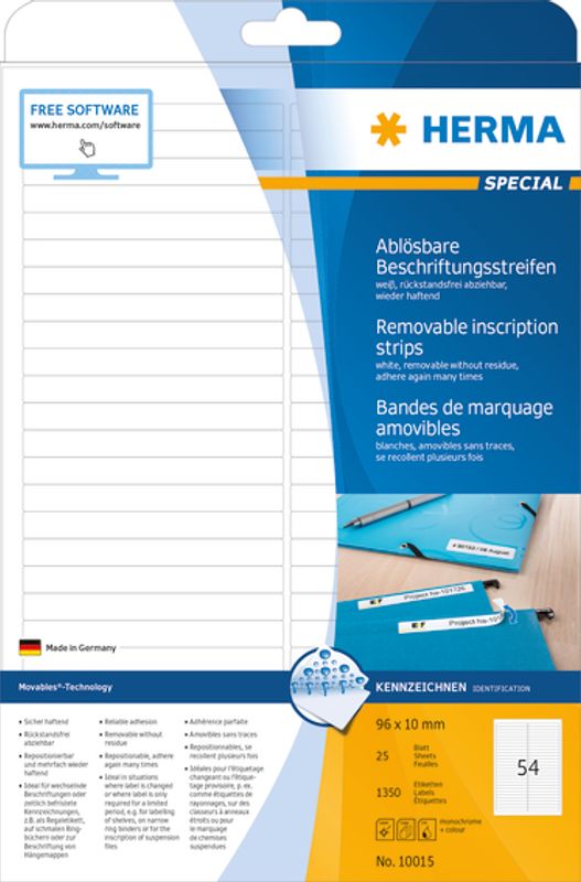 MOVABLES avtagbare etiketter, 25 ark, 96x10  (1350 stk)