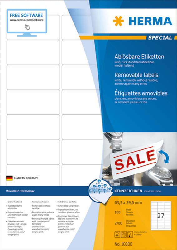 MOVABLES avtagbare etiketter A4 100 ark 63.5x29.6 (2700 stk)