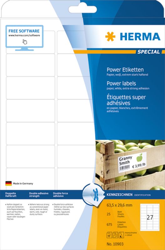 POWER etiketter, 25 ark, 63,5x29,6 mm (675 stk)
