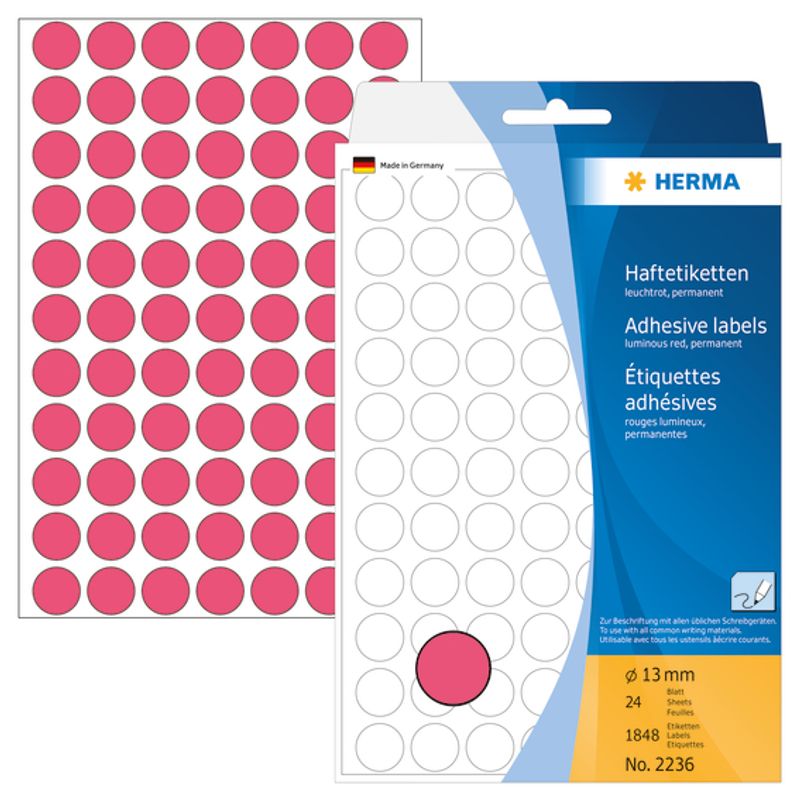 HERMA runde etiketter, Ø13 mm, lys rød (1848 stk)