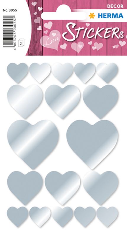 DECOR Stickers Hjerter i sølv, 3 ark (10 pakk)