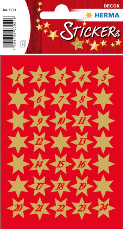 DECOR Stickers Gullstjerner julekalender, 3 ark (10 pakk)