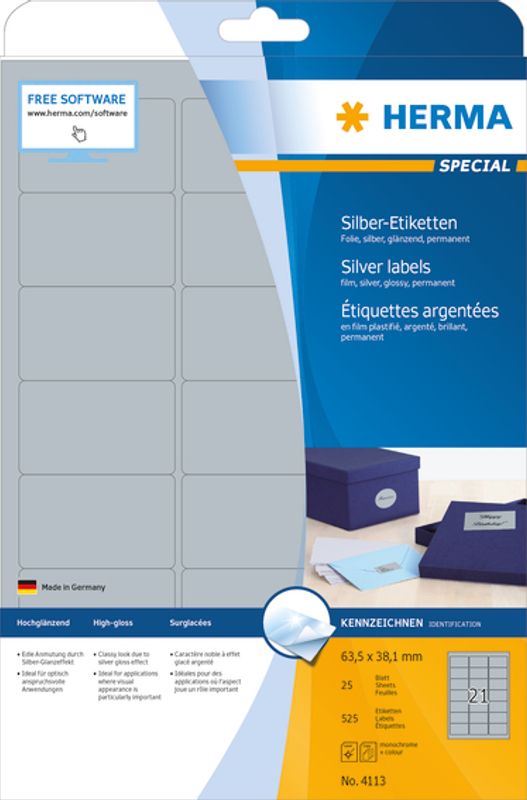 SPECIAL sølv etiketter glossy, 25 ark, 63.5x38.1 (525 stk)