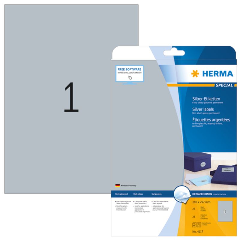 SPECIAL sølv etiketter glossy, A4, 25 ark, 210x297 mm (25 stk)