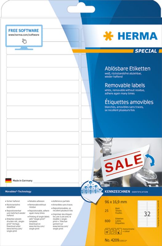 SPECIAL avtagbare etiketter, 25 ark 96x16.9 (800 stk)