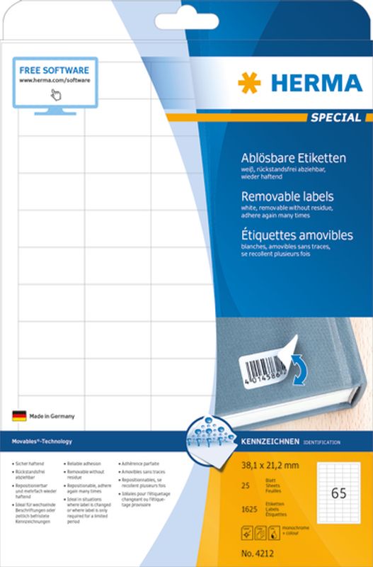 SPECIAL avtagbare etiketter, 25 ark 38.1x21.2 (1625 stk)