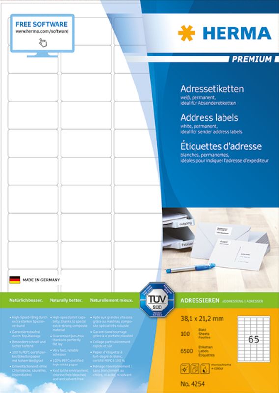 PREMIUM adresseetiketter A4, 100 ark, 38.1x21.2 100 stk
