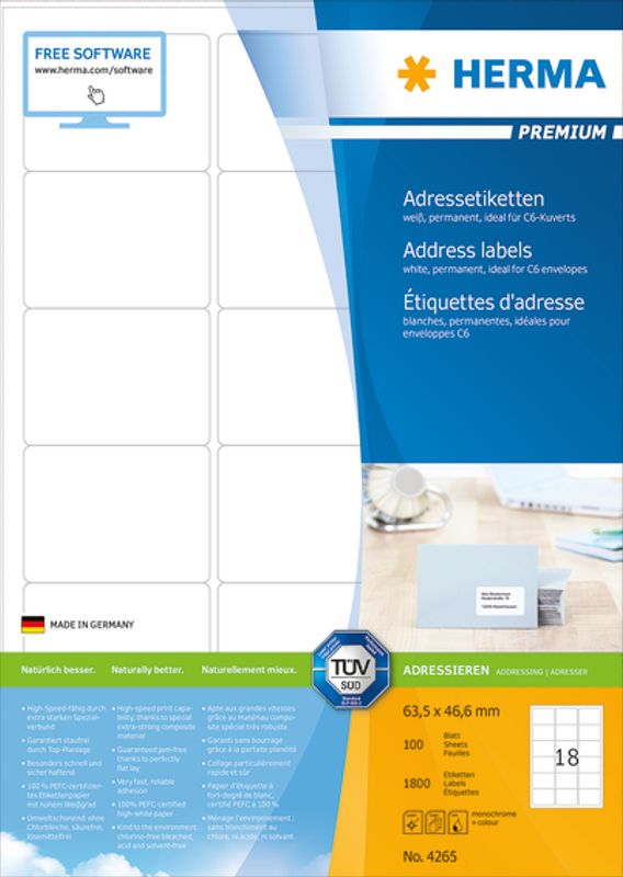PREMIUM adresseetiketter, 100 ark 63.5x46.6 (1800 stk)