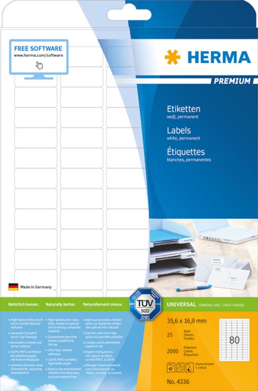 PREMIUM universaletiketter, 25 ark 35.6x16.9 (2000 stk)