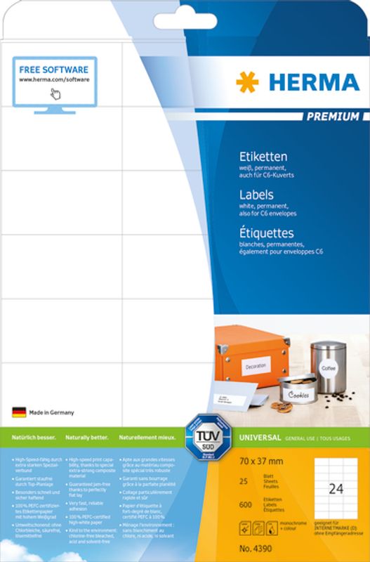 PREMIUM universaletiketter, 25 ark 70x37 (600 stk)