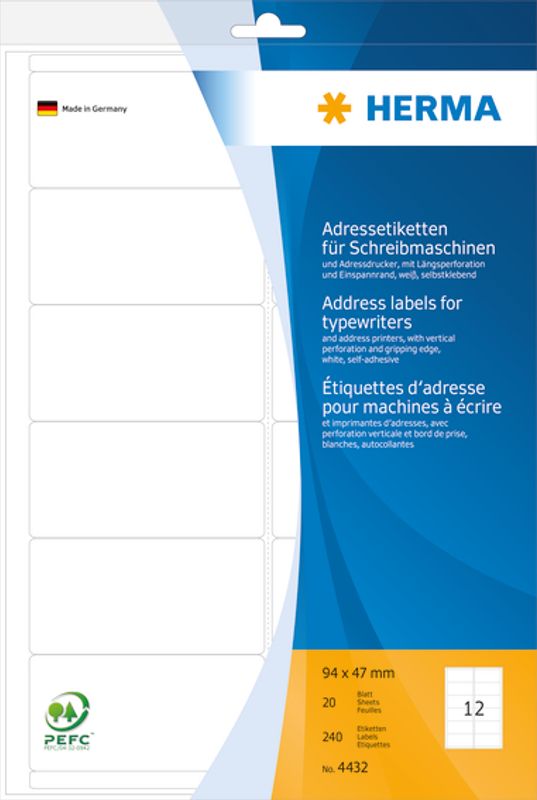 Adresseetiketter, perforert 20ark, A4, 94x47 (240 stk)