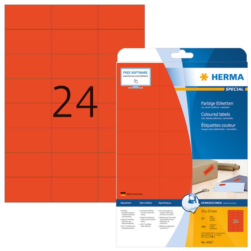 SPECIAL fargede etiketter 20 ark, 70x37 rød (480 stk)