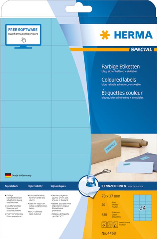 SPECIAL fargede etiketter 20 ark, 70x37 blå (480 stk)