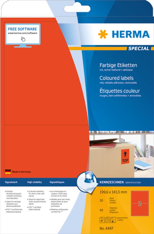 SPECIAL fargede etiketter 20 ark, 199.6x143.5 rød (40 stk)