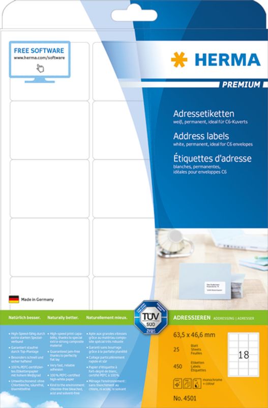 PREMIUM adresseetiketter, 25 ark 63,5x46,6 (450 stk)