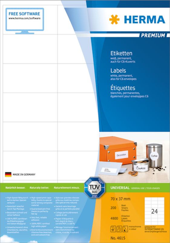 PREMIUM universaletiketter, 200ark 70x37 (4800 stk)