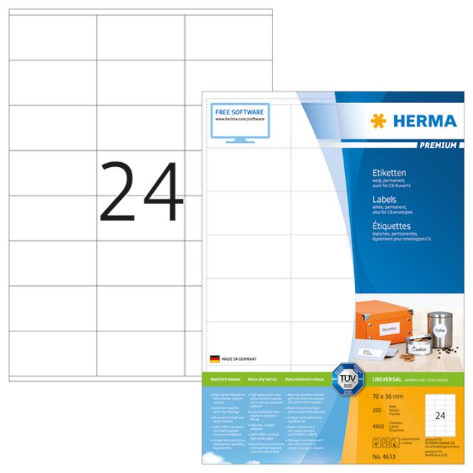 Hovedbilde PREMIUM universaletiketter, papir, 200 ark 70x36 ...