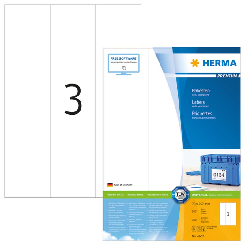 PREMIUM universaletiketter, papir, 100 ark 70x297 (300 stk)