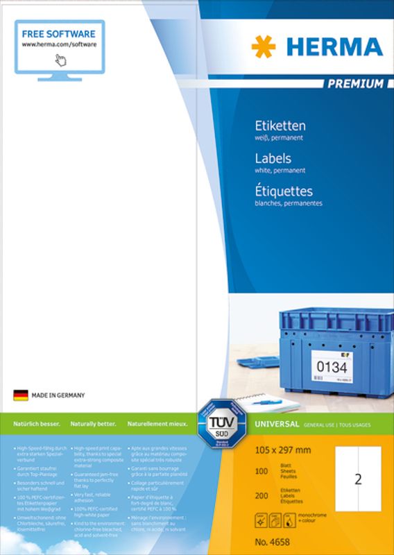 PREMIUM universaletiketter, papir, 100 ark 105x297 (200 stk)