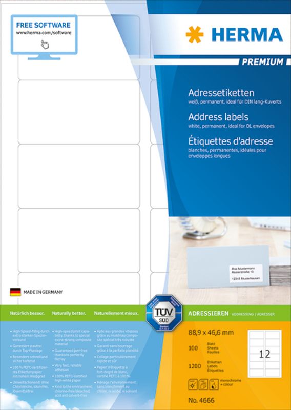 PREMIUM adresseetiketter 100 ark 88.9x46.6 (1200)