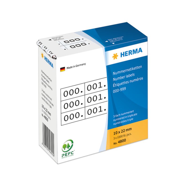 Talletiketter 10x22 mm, triple, hvit, nr. 0-999 (1000 stk)