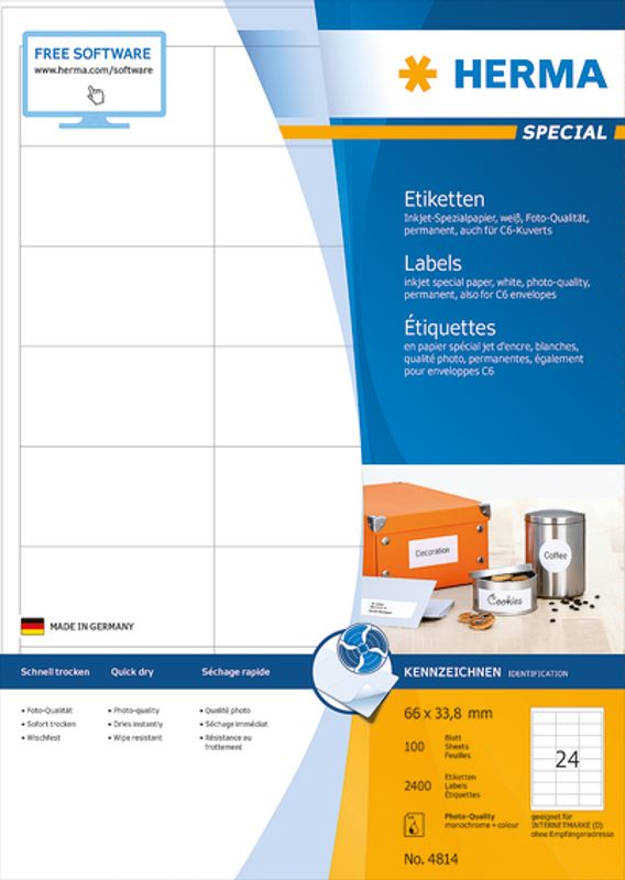 InkPrint fotokvalitet etiketter 100 ark 66x33.8 (2400 stk)