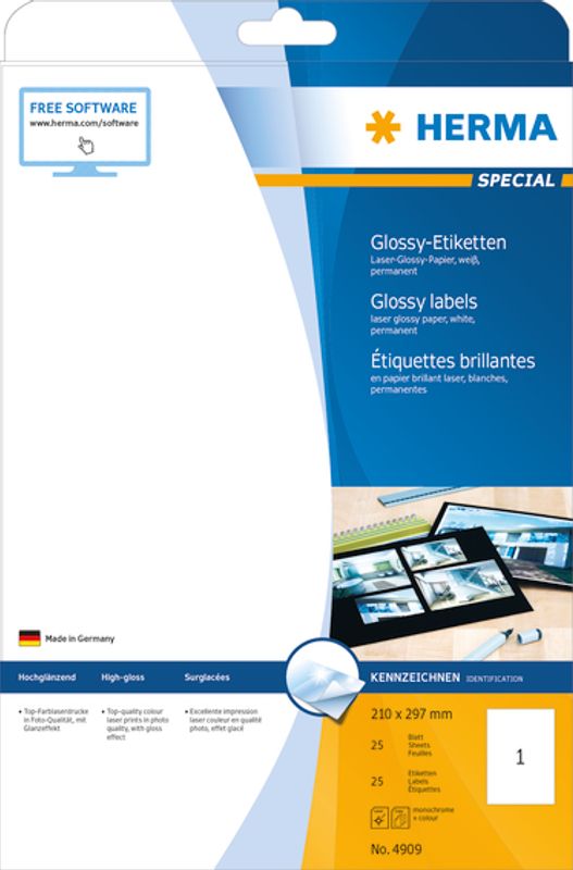SPECIAL Glossy-etiketter, A4 format, 25 ark, 210x297 (25 stk)