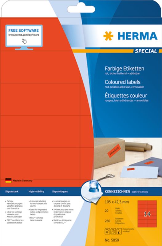 SPECIAL fargede etiketter, 20 ark, 105x42.3 rød (280 stk)