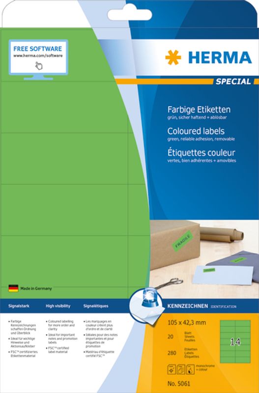 SPECIAL fargede etiketter, 20 ark, 105x42.3 grønn (280 stk)
