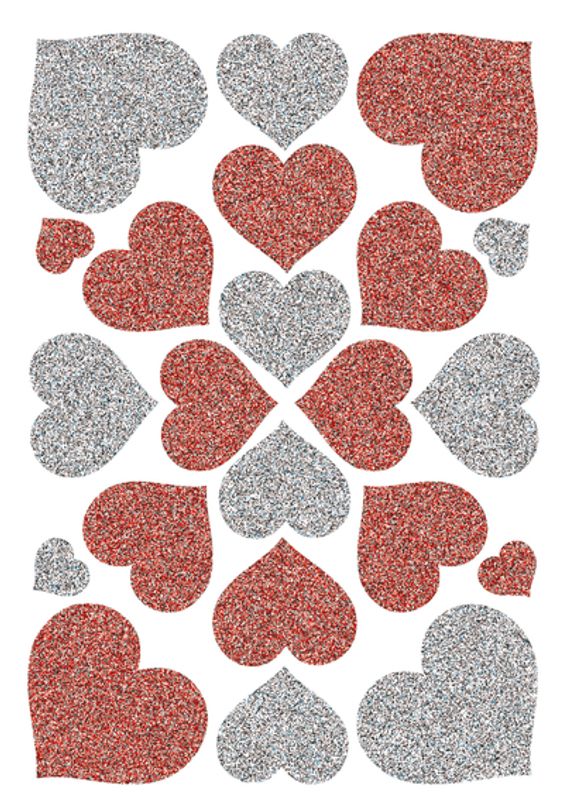 MAGIC Stickers Hjerter rød og sølv med glitter, 1 ark (10 pakk)