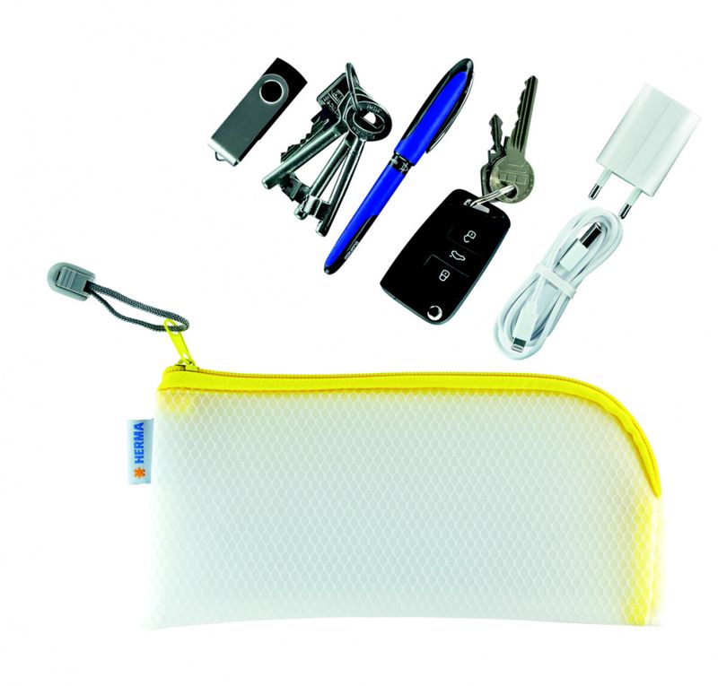 Veske/lomme i plast med gul glidelås 23x11cm