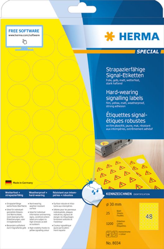 SPECIAL slitesterke etiketter, gul, 25 ark Ø30 (1200 stk)