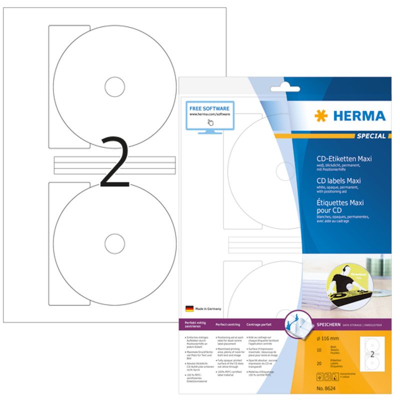 SPECIAL CD-label maxi, 10 ark, Ø116 mm, hvit (20 stk)