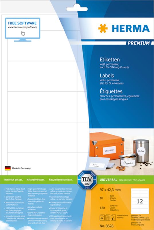 PREMIUM universaletiketter, papir, 10 ark 96.5x42.3 (120 stk)