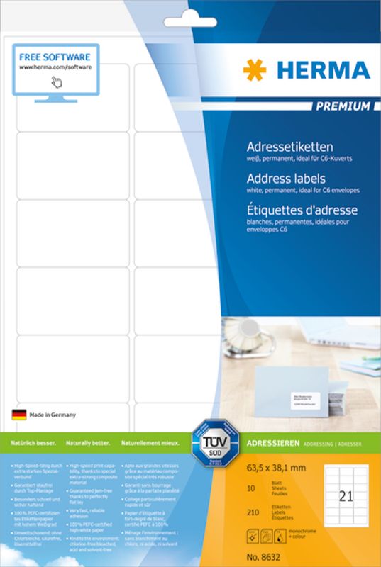 PREMIUM universaletiketter, papir, 10 ark 63.5x38.1 (210 stk)