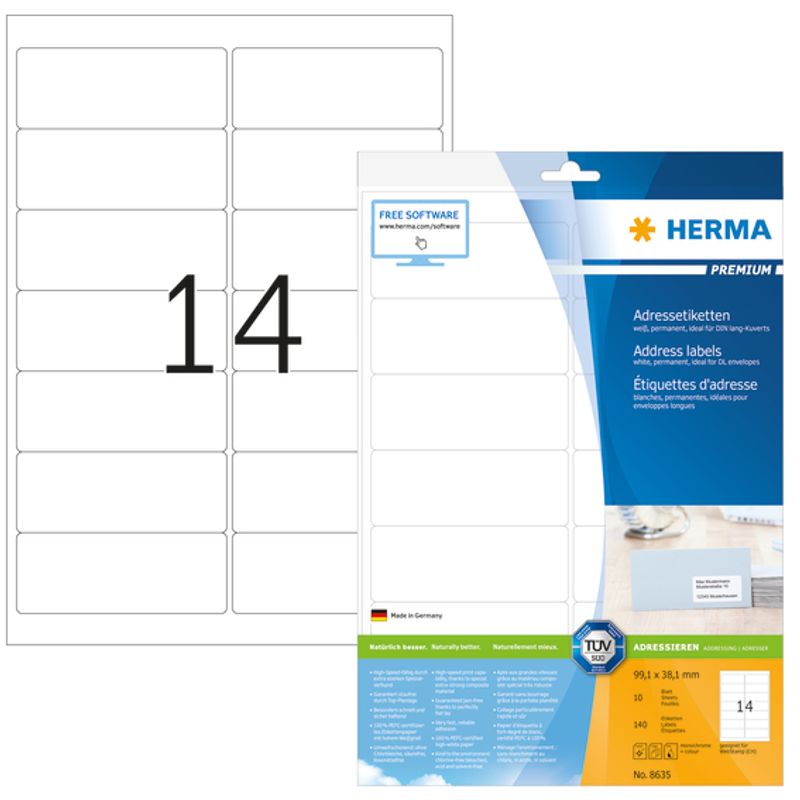 PREMIUM adresseetiketter, papir, 10 ark 99.1x38.1 (140 stk)