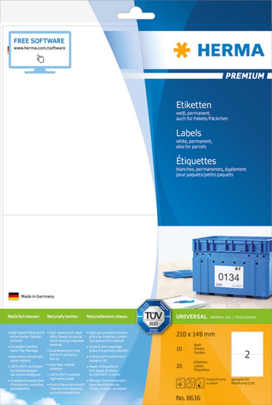 PREMIUM universaletiketter, papir, 10 ark 210x148 (20 stk)