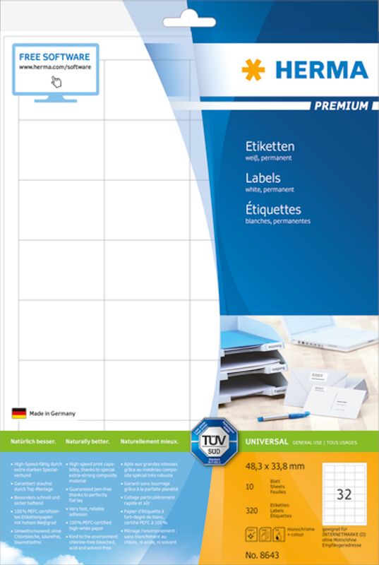 PREMIUM universaletiketter, papir, 10 ark 48,3x33,8 (320 stk)
