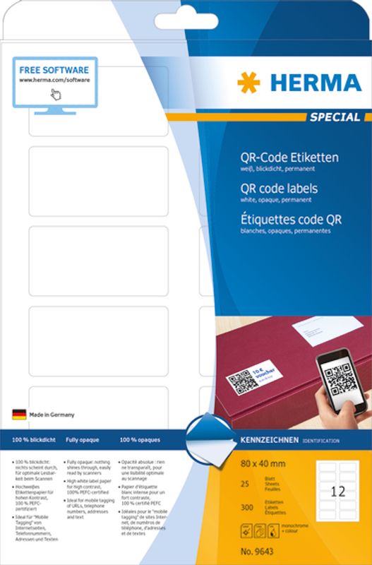 SPECIAL QR-kode etiketter 80x40 mm, opak, 25 ark (300 stk)